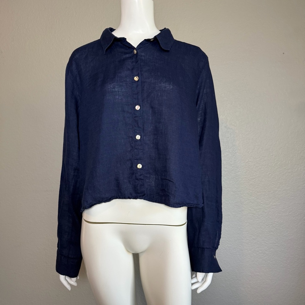 Cynthia Rowley 100% Linen Cropped Button Up Navy Blue Top XL
